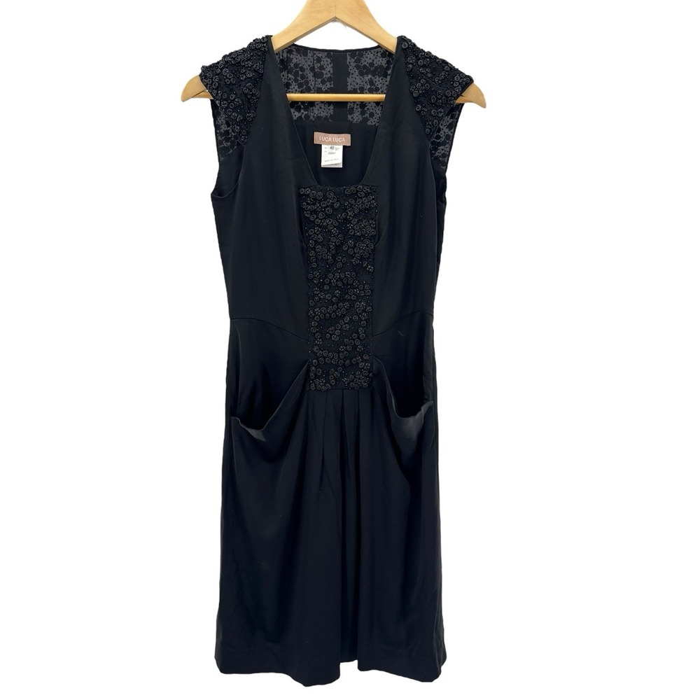 Luca Luca Italy Black Beaded Silk Lined Dress Women 40 US 4 Sleeveless Cocktail